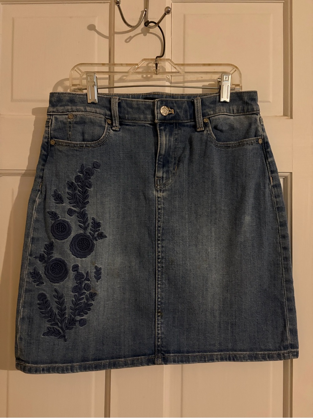Talbots Medium Blue Denim A-Line Skirt with Navy Floral Embroidery